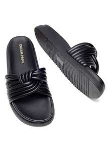 Women Open Toe Slide Sandals Knotted Padded Tubular Straps Leisure Slip On Flat Sandals Summer Casual Chic Comfort Daily Shoes - 黑色 - 查看 8