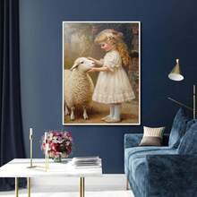 Little Shepherdess Canvas Wall Art, Vintage Farm Animal Art Canvas Prints, Girl And Lamb Artwork Farmhouse Art Rustic Wall Decor For Bedroom Living Room, Framed And Ready To Hang. (30x45cm)12x18inch Framed - White - View 3