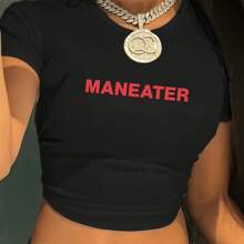 MANEATER Letter Print Women's Casual Short-Sleeved Round Neck T-Shirt - 黑色 - 查看 1