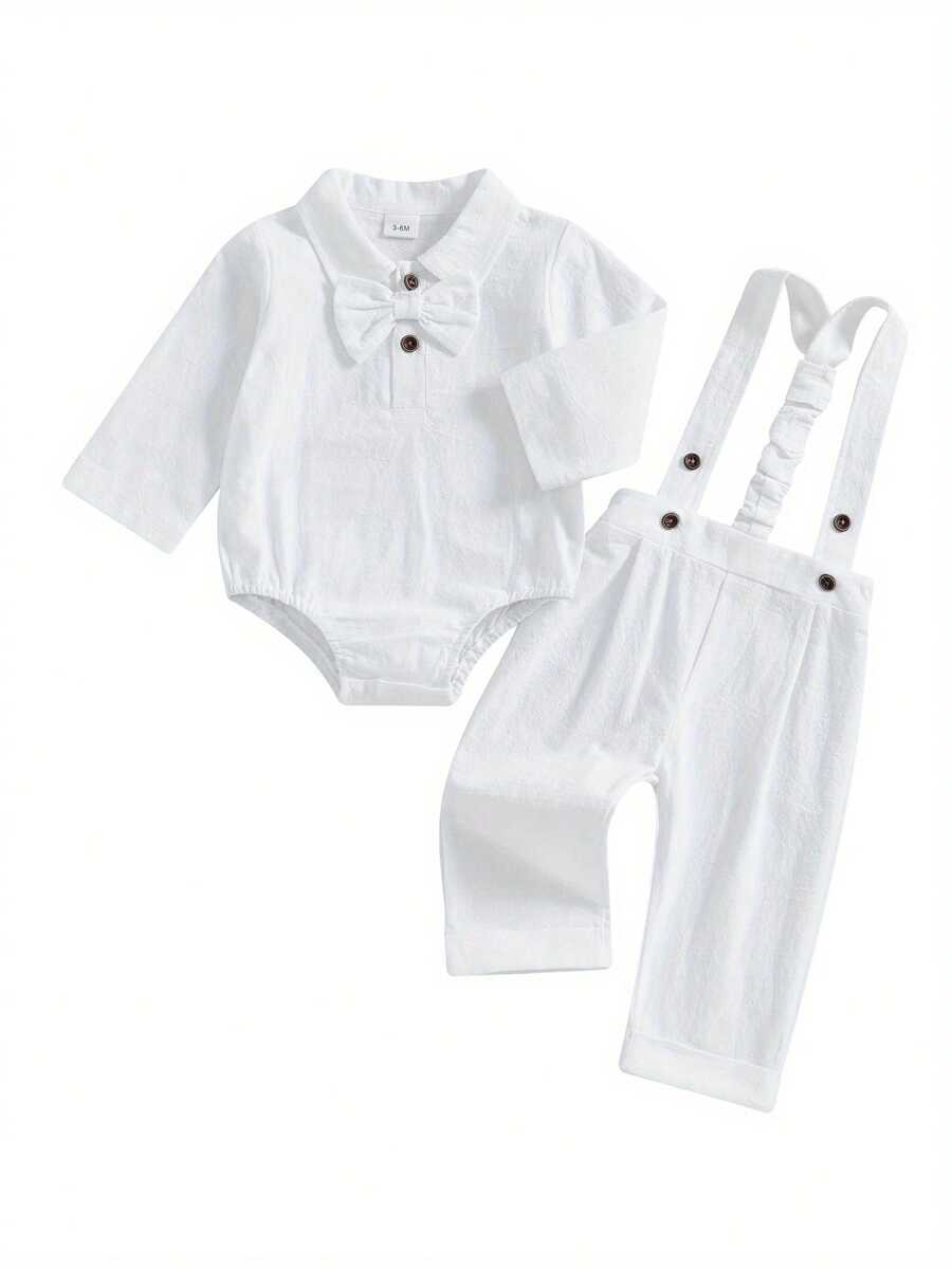 Traje de caballero para bebé niño, mono de manga larga con cuello de solapa y pajarita, pantalones con tirantes y cintura elástica para boda. - Blanco - Ver 1