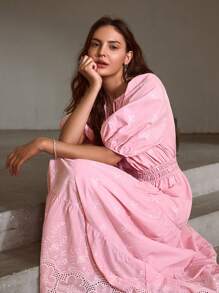 Simplee Women's Spring New Embroidered Lantern Sleeve Tie-Up Long Dress, Vacation Outfits, Birthday Dress, Back To School