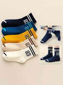 5 Pairs Kids Socks, Number 23 With Double Bars Mid-Calf Socks, Suitable For Daily And Sports Wear