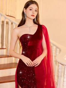 Váy chắp vá sequin bất đối xứng cho bé gái tuổi teen, thích hợp cho tiệc sinh nhật, tiệc tối, vũ hội, hóa trang, phù dâu cưới, chủ nhà, dịp đặc biệt & lễ hội - Màu Đỏ Sâu - Xem 5