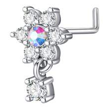20G Pendientes de aro para la nariz en forma de L con colgante para mujer, aros de nariz con pendientes con flor de circonita cúbica de acero inoxidable para perforaciones de la nariz