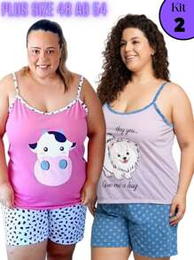 Kit With 2 Plus Size Women's Pajamas With Straps (48/50/52/54) Luxury In Premium Knit Assorted Prints. - 彩色 - 查看 9