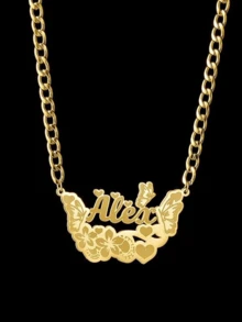 Collar personalizado con flor y mariposa, collar con nombre personalizado, collar con placa con nombre de mujer, collar con placa de oro, collar de cadena cubana, regalos para ella, novia, madre, familia, amigos para aniversarios, cumpleaños, uso diario, baile de graduación, Día de la Madre, San Valentín, graduación, bodas