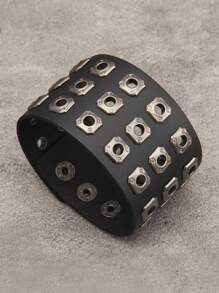 1 件朋克摇滚铆钉装饰皮革手链、铆钉摩托车珠宝腕带、复古风格男士手链、女士万圣节派对礼物 - 皮革 - 查看 4