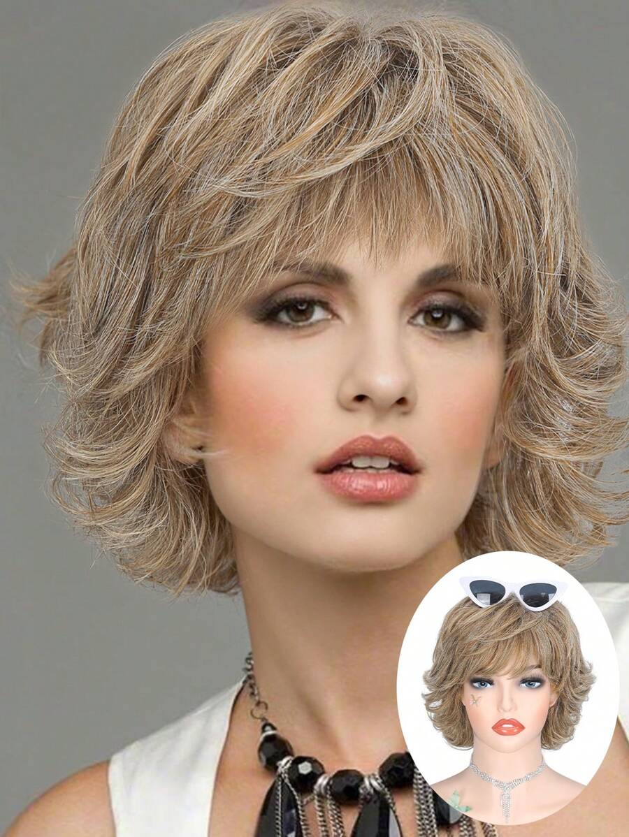 Women's Fashionable Full & Short Curly Hair Wig In Brown Color, 10 Inches, Suitable For Daily Wear - Linen Brown - View 1