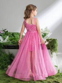 Tween Girl Asymmetrical Neckline Contrast Mesh Sequin Dress