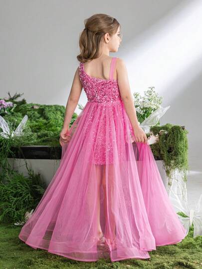 Tween Girl Asymmetrical Neckline Contrast Mesh Sequin Dress