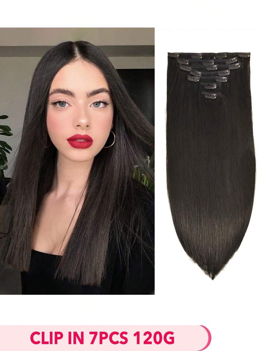 110g 7Pcs/Set Seamless Clips In #1B Natural Color Human Hair Extensions Long PU Weft Invisible Straight Hair - Natural & Black - View 1