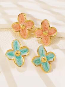 1 对自然风格珐琅彩色滴状鸡蛋花花卉耳钉，不锈钢设计适合女性日常和通勤佩戴 - 新FYD6111系列 - 查看 2