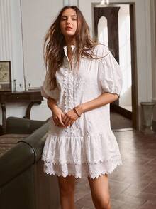 Simplee Women's Summer New Embroidered Ruffle Trim Front Button Closure Short Dress, Bohemian Style, Suitable For Music Festivals, Vacations, Outings, And Dates White - White - View 7