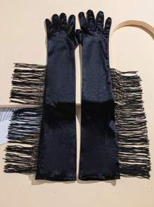 Long Satin Fringed Gloves, Latin Dance Performance Gloves, Bridal Satin Fringed Gloves, For Performance, 1920s Fashion, Party, Ball, Ritual, Sexy Super Long Women Satin Fringed Five-Finger Gloves Autumn Accessories Valentine's Day Accessories - Multicolor - View 4