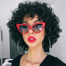 短卷发假发 蓬松卷发假发 带刘海 180% 密度非洲卷发真人发假发 女士黑色大卷发假发 适合日常使用