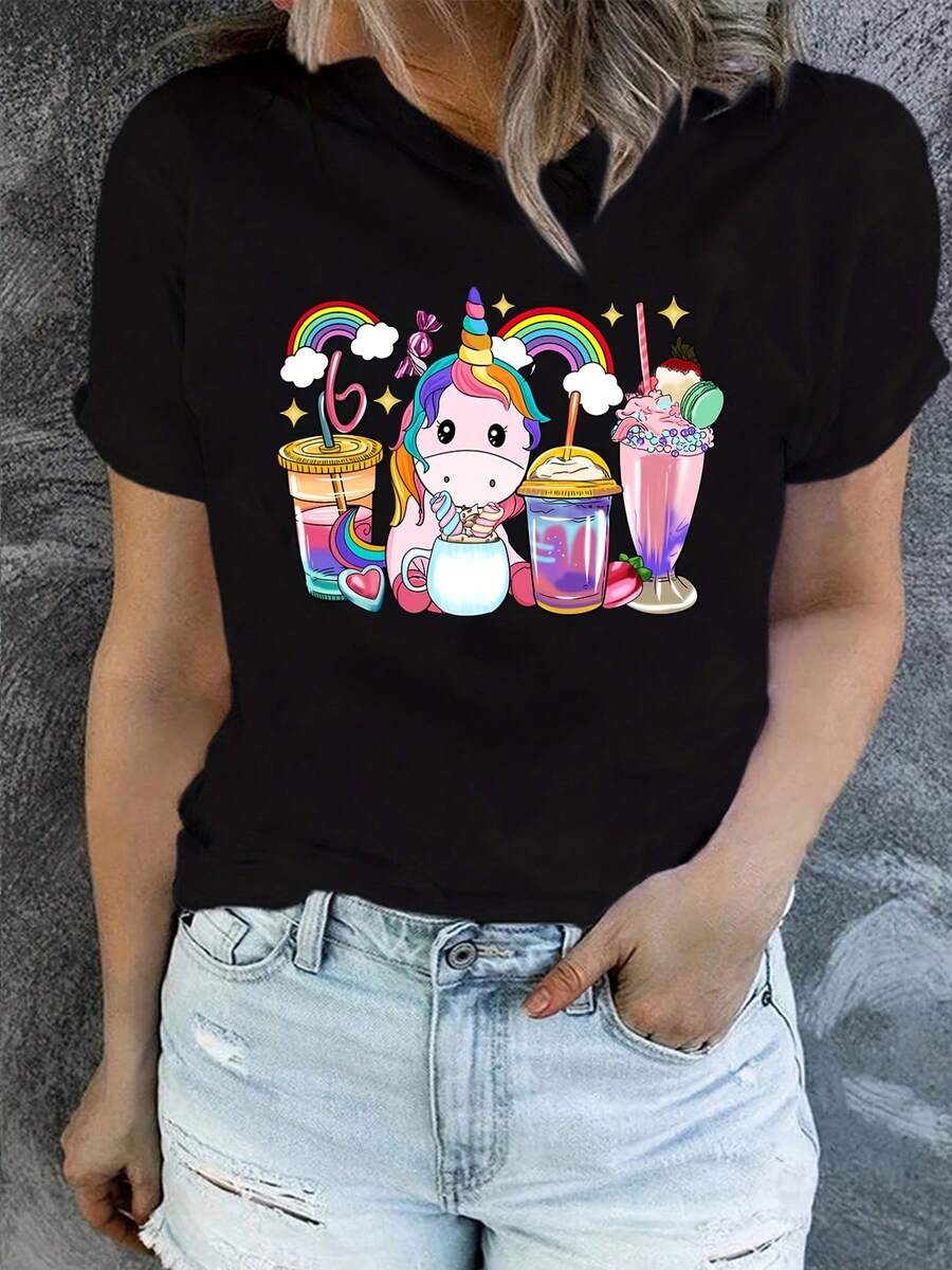 Camiseta estampada de arcoíris y unicornio, de manga corta y cuello redondo, top casual de verano y primavera, ropa de mujer - Negro - Ver 1