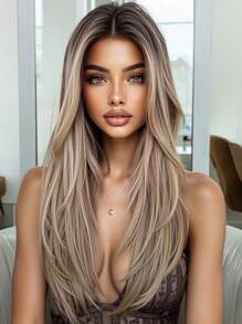 26 Inch Long Straight Hairline U-Part Lace Front Synthetic Wig For Women Brown Mixed White Natural Middle Part Wig Blonde Highlight Wigs - Màu nâu highlight - Xem 1