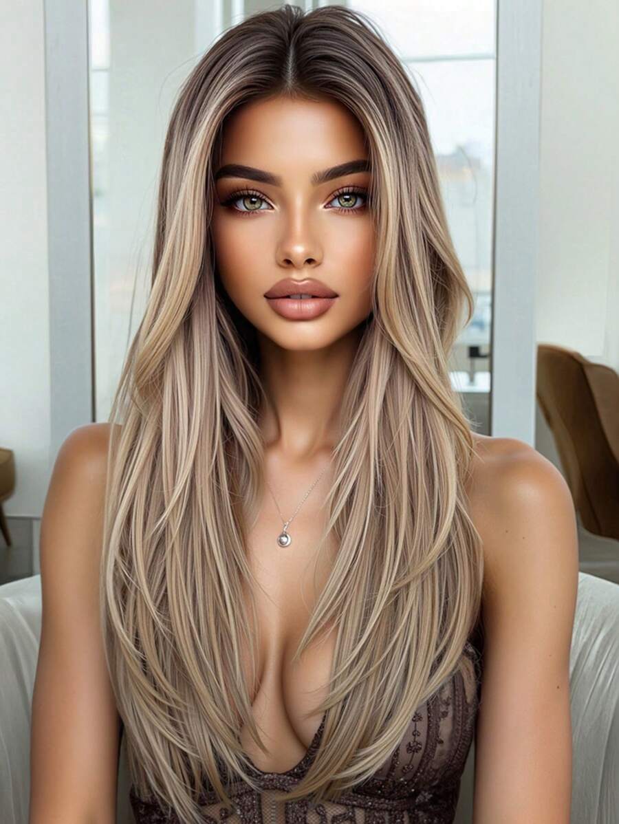 26 Inch Long Straight Hairline U-Part Lace Front Synthetic Wig For Women Brown Mixed White Natural Middle Part Wig Blonde Highlight Wigs - Màu nâu highlight - Xem 1