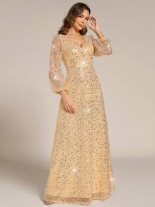 EVERPRETTY Fall Winter Elegant Long Sleeve Gold Sequin Dress Suitable For Wedding Party Prom Graduation Dinner Holiday Gala Mother Of The Bride Dress - Gold - View 4