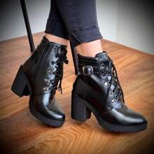 Women's Combat Boot High Heel Smooth Shaft Short Tractor Comfortable Lightweight And Stylish - Black - View 1