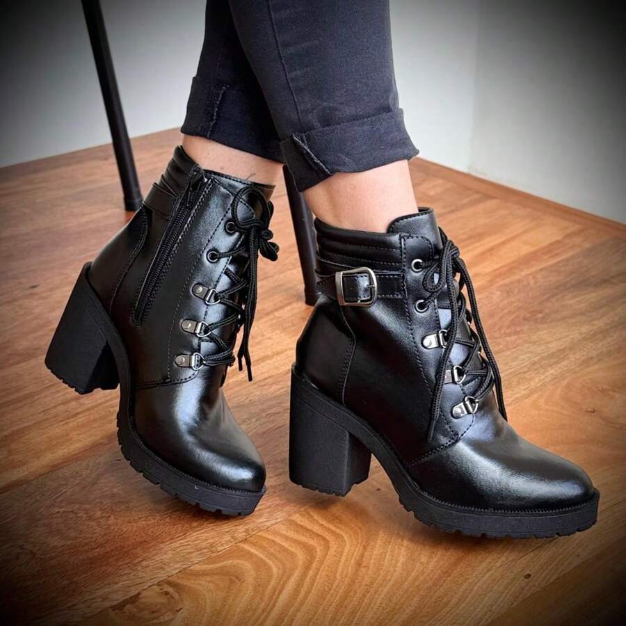 Women's Combat Boot High Heel Smooth Shaft Short Tractor Comfortable Lightweight And Stylish - Black - View 1