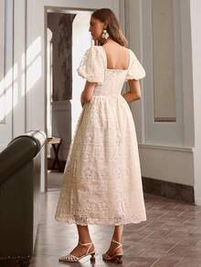 Simplee Women's Summer New Arrival Heavy Lace Lantern Sleeve Party Dress, Suitable For Party, Birthday, Wedding - Apricot - View 5