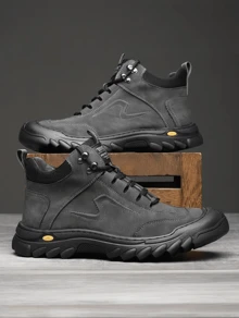 [Fast Arrival] Men's Outdoor Hiking Boots, Casual Mid Top Lace Up Shoes, Hiking Shoes For Men, Wear-Resistant And Non Slip Rubber Sole, Synthetic Faux Leather Outer Layer And Inner Lining, Suitable For Daily Wear All Year Round - Xám - Xem 3