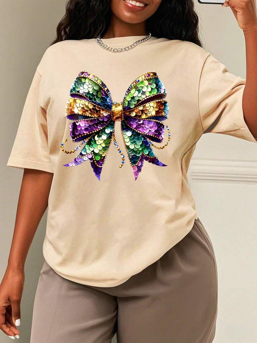 Oversized Style For Women, Mardi Gras Gift Tshirt, Louisiana Crawfish Tee, Bow Print 2025 Happy New Year Tee, Fleur De Lis Tshirt, Mardi Gras Coquette Tshirt, Oversize Type Shirt For Women, Perfect For Holiday Parties Or Gift Giving, Soft And Comfortable