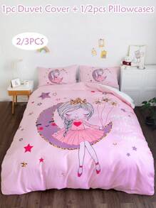 Juego de ropa de cama de 2/3 piezas con estampado digital de luna y estrellas crecientes con tema de princesa, suave y lindo juego de ropa de cama de poliéster adecuado para todas las estaciones