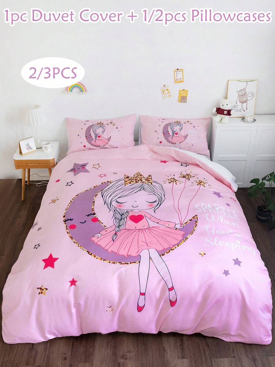 Juego de ropa de cama de 2/3 piezas con estampado digital de luna y estrellas crecientes con tema de princesa, suave y lindo juego de ropa de cama de poliéster adecuado para todas las estaciones