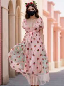 Vestido de mujer de manga burbuja en V profunda fresa, vestido de corbata, Seaside, Holiday - Rosa - Ver 6