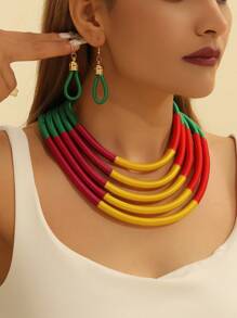 Exaggerated Retro Multicolored Layered Strap High-End Magnetic Buckle Fashion Choker & Earring Set - Multicolor - View 1