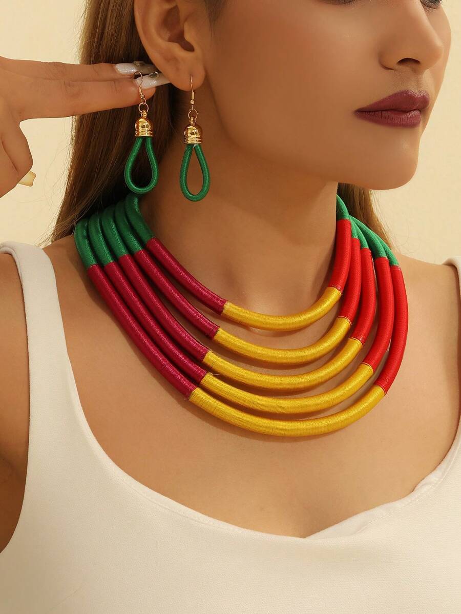 Exaggerated Retro Multicolored Layered Strap High-End Magnetic Buckle Fashion Choker & Earring Set - Multicolor - View 1