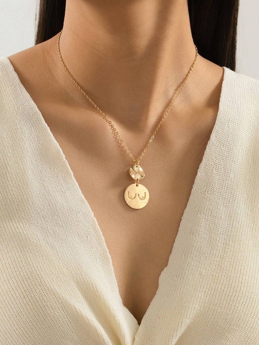 1pc Elegant Geometrical Golden Disc Pendant Necklace, Versatile For Women's Daily Wear And Party - Yellow Gold - View 1