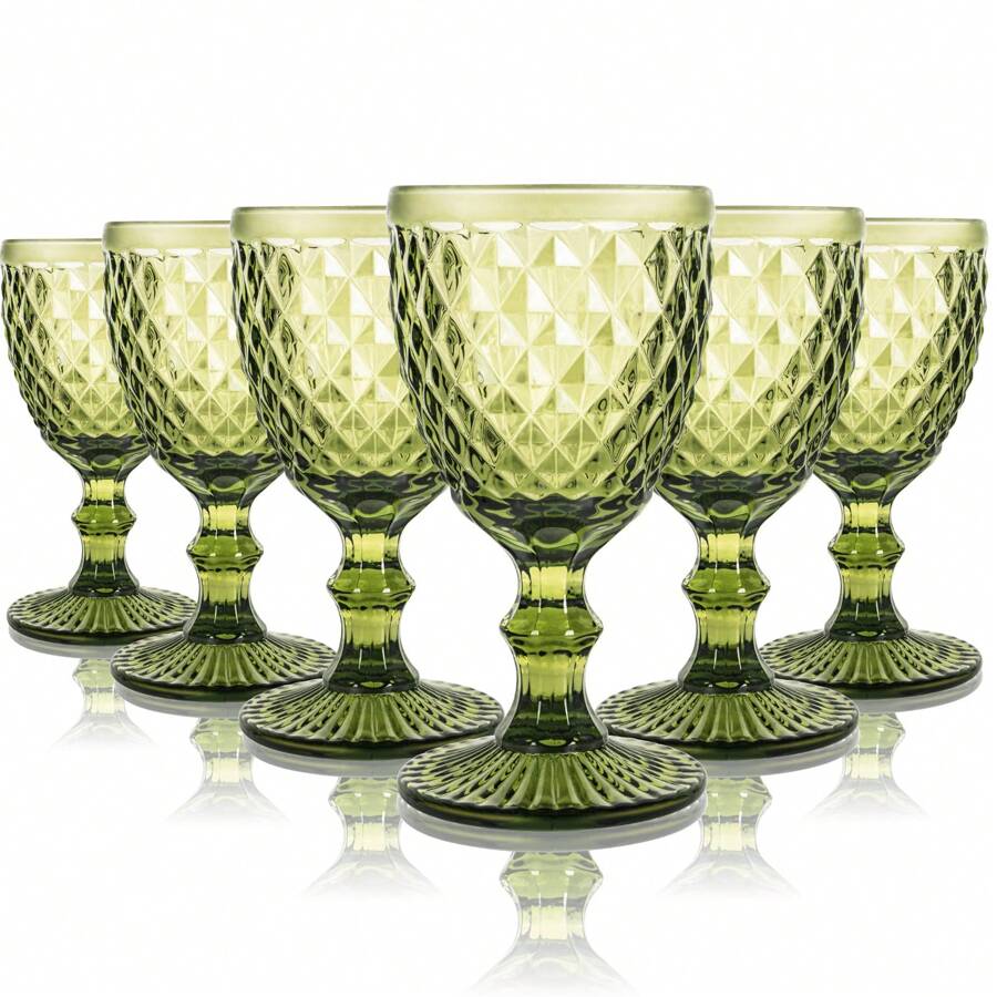 Colored Glass Goblet Set Of 6, Embossed Design Green Wine Glasses, 10 Oz Thickened Vintage Glass Wine Goblets, For Juice Drinking Wedding Party Wine Glass (Pattern : Diamonds) - Green - View 1