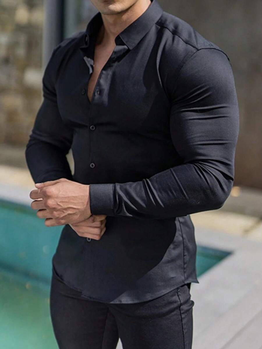 Men's Solid Muscle Fit Dress Shirt, Basic Fitted Style Long Sleeve Button Down Lapel Shirt, Ideal For Business Occasions - Negro - Ver 1
