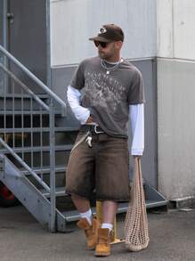 Bermuda Denim Shorts, Loose Fit, Versatile, Summer Fashion Casual Street Style, Youthful College Style, Details Of Buttons, Zipper, Pockets, Suitable For Daily Commute, Home Leisure, Outdoor Activities, Gathering With Friends - Rust Brown - View 3