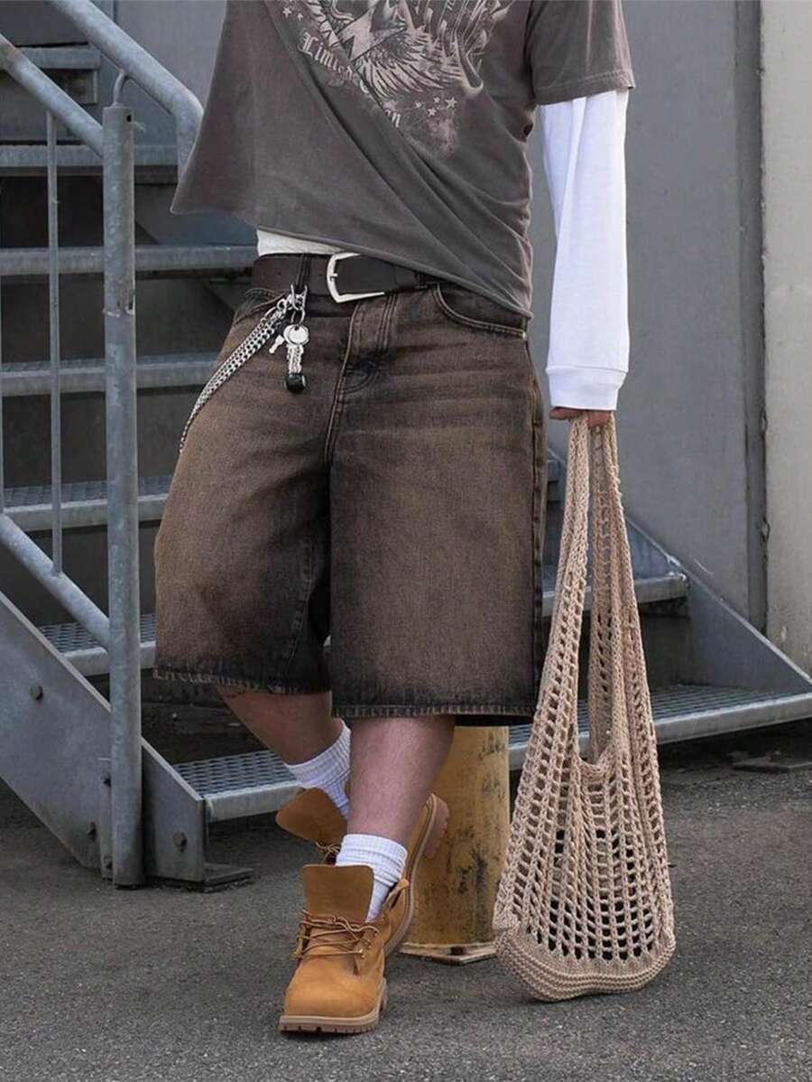 Bermuda Denim Shorts, Loose Fit, Versatile, Summer Fashion Casual Street Style, Youthful College Style, Details Of Buttons, Zipper, Pockets, Suitable For Daily Commute, Home Leisure, Outdoor Activities, Gathering With Friends - Rust Brown - View 1