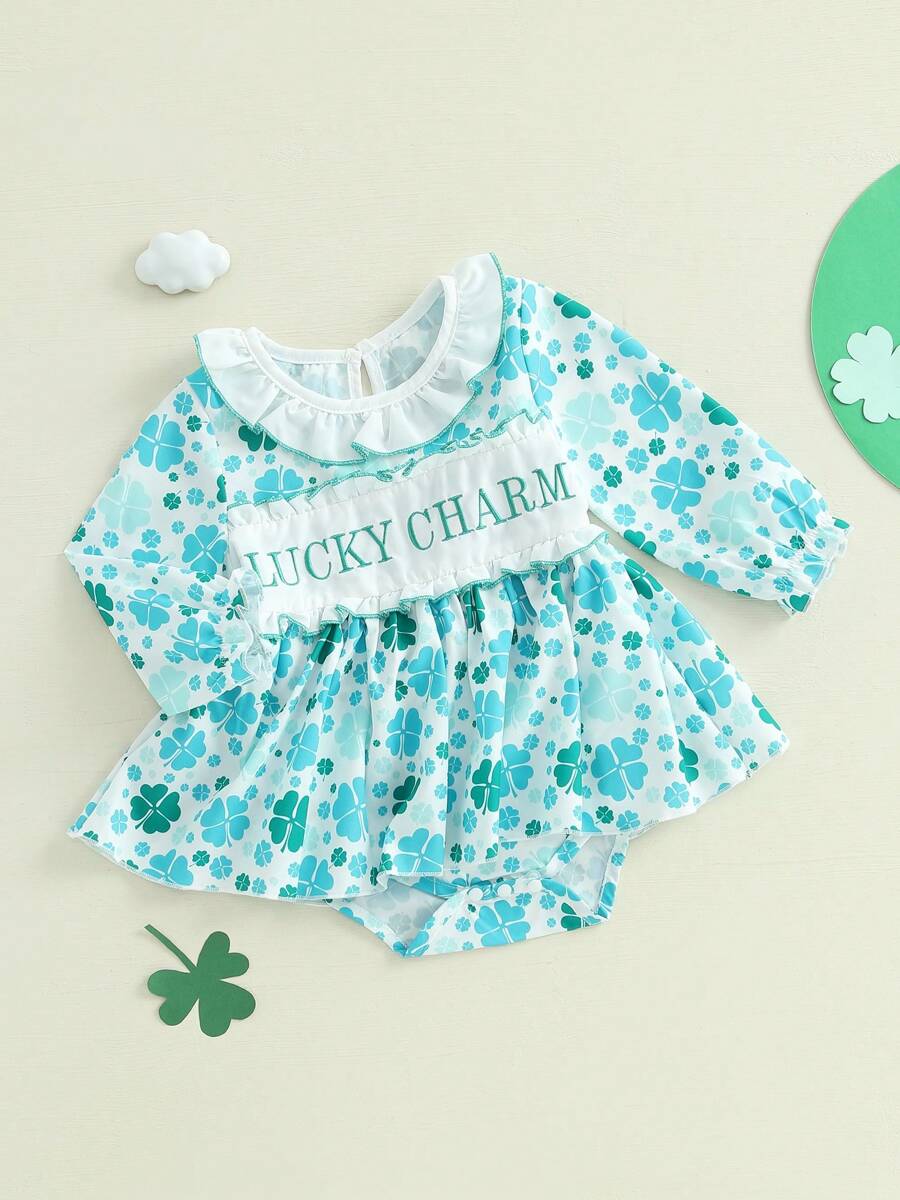 Baby Girl Spring Romper Dress Long Sleeve Ruffled Letter Embroidery Bow Print Jumpsuit - Cadet Blue - View 1