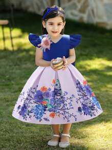 Hibobi 2 Pieces Baby Girl Floral Print Dress, 3D Flower Decoration And Bowknot Headband, Great For Birthday Parties And Formal Events - 藍色 - 查看 5