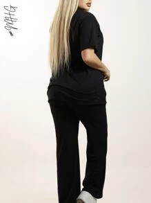 Conjunto de 2 Piezas Oversize Unicolor para Dama Mujer Amplio y Holgado de Blusa de Cuello Redondo Unicolor con Manga Corta y Hombros Caídos Cómoda y Pantalón Oversize Holgado Unicolor Sin Bolsillos Moda Otoño Primavera y Verano Estilo Casual y Versatil para Todo Tipo de Ocasion