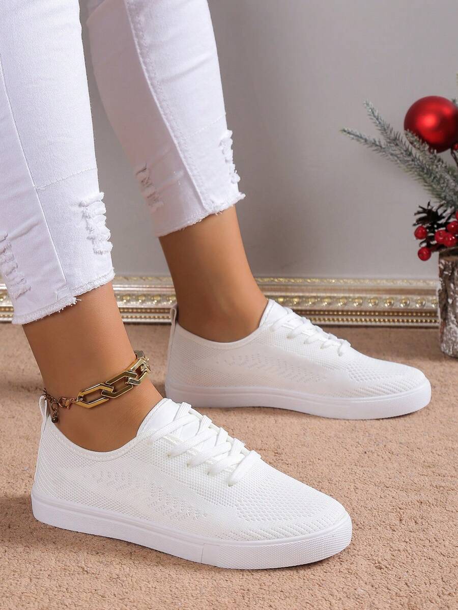 女士圆头休闲运动鞋，白色平底运动鞋，工作运动鞋，春秋季 - 白色 - 查看 1