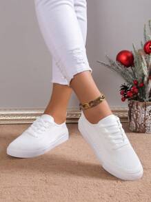 女士圆头休闲运动鞋，白色平底运动鞋，工作运动鞋，春秋季 - 白色 - 查看 3