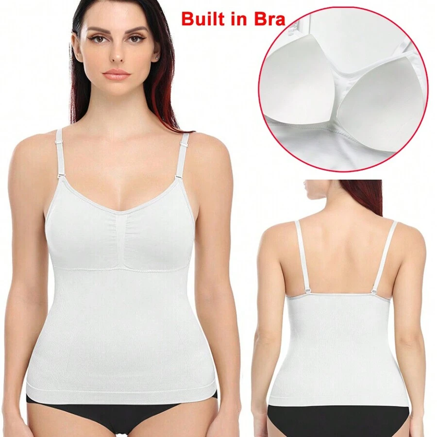 2 In 1 Padded Bra Women Shapewear Camisole Cami Vest Ladies Tank Top Slimming Tummy Control Compression Body Shaper Underwear Undershirts Casual Bralette Spaghetti Strap Shelf Bra - White - View 1