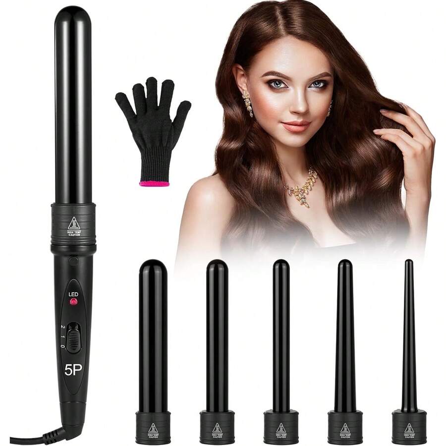 DEKITA Rizador de Cabello, 5 en 1 Ferro para el Cabello con Temperatura Ajustable, Rizador de Pelo Cerámica con Guantes, Pinzas Rizadoras para Cabello para Cabello Largo o Corto Herramientas de Peinado - 1 - Ver 1