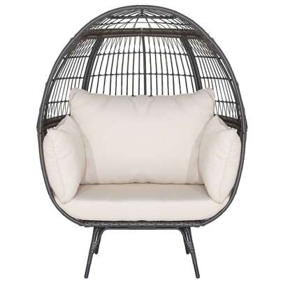 Patio Rattan Wicker Lounge Chair Oversized Outdoor Metal Frame Egg Chair W/ 4 Cushions