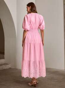 Simplee Women's Spring New Embroidered Lantern Sleeve Tie-Up Long Dress, Vacation Outfits, Birthday Dress, Back To School