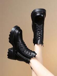 Botas de mujer, estilo vintage, puntera redonda, con cierre de cremallera - Negro - Ver 3