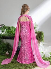 Vestido de fiesta para preadolescentes con capa de gasa con mangas y decoración de lentejuelas - Rosa - Ver 3