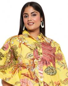 Gypsie Blu Cotton Plus Size Short Floral Shirt Midi Dress For Women - 黃色 - 查看 5